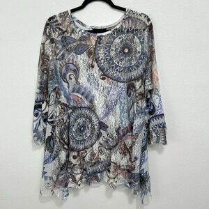 Ali Miles Colorful 2 Pc Tunic Top / Attached Tank Lace Front Art To Wear Sz 1X